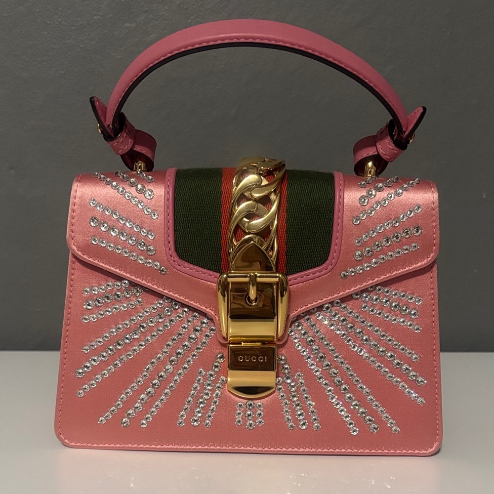 Gucci pink Satin Crystal Mini Sylvie Top Handle Bag